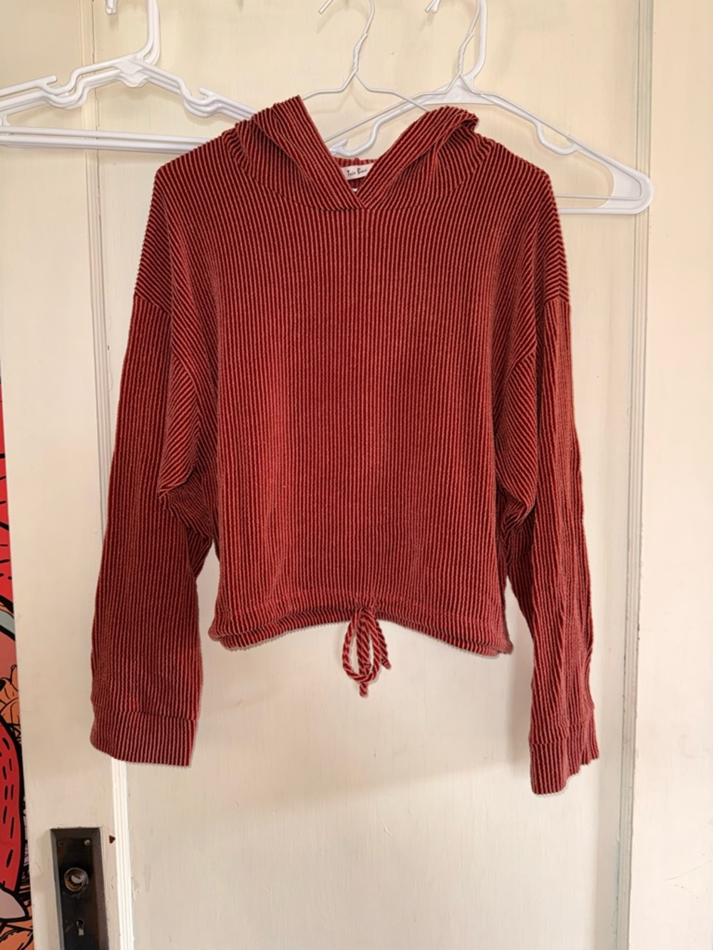 Tres Bien Ribbed Drawstring Hoodie in Rust Red